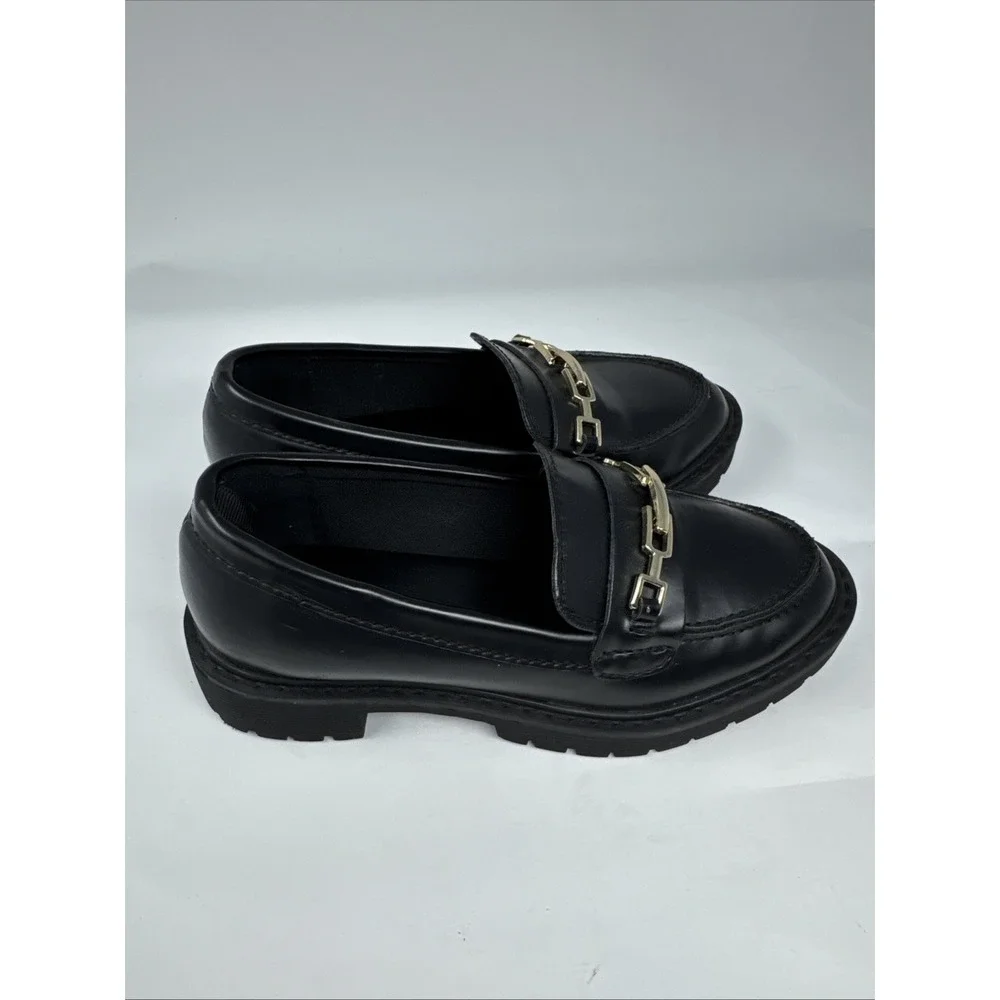 Gap Kids Girls Black Gold Tone Chain‎ Link Faux Leather Loafers Sz 12 Lug Sole